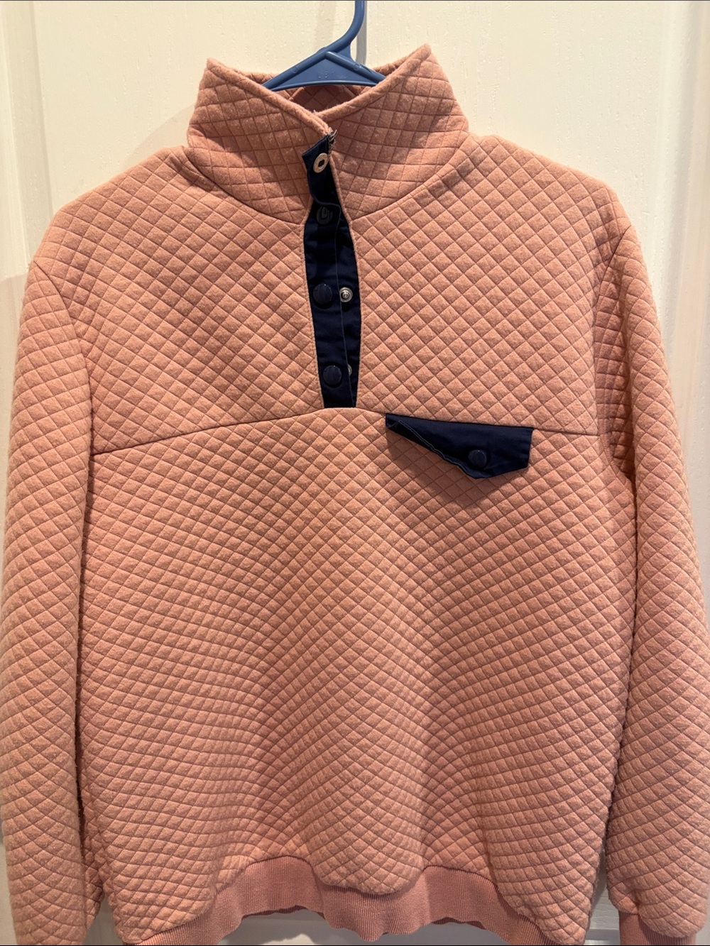 Women’s Quilted Pink Pullover Shirt with Contrast Navy Trim